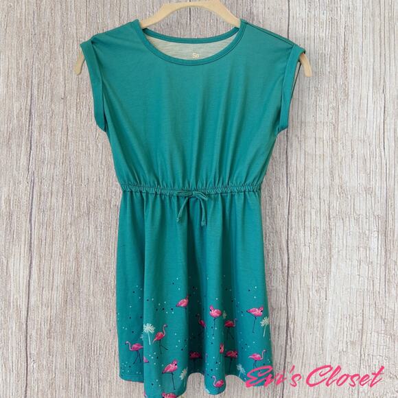 SO Turquoise Flamingo Short Sleeved Dress Girls Size 7-8 - Picture 1 of 8